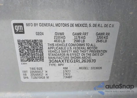 2024 Chevrolet Equinox Awd 2Fl z USA, uszkodzony, nr VIN 3GNAXTEG1RL263970